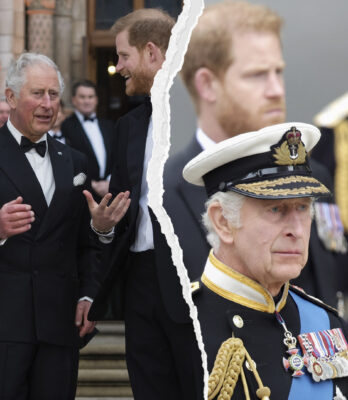 Composite image of two photos of the King and Prince Harry, conversing and estranged