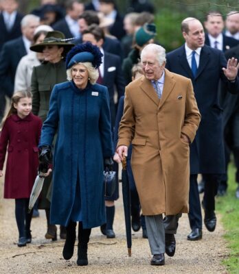 The King and Queen Consort attend the Christmas Day service at Sandringham Church on December 25, 2022 with other members of the royal family. (Photo by Samir Hussein/WireImage)