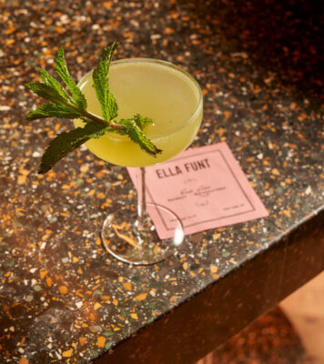 Picnic in a Garden cocktail with lemon sprig, Ella Funt restaurant, NYC